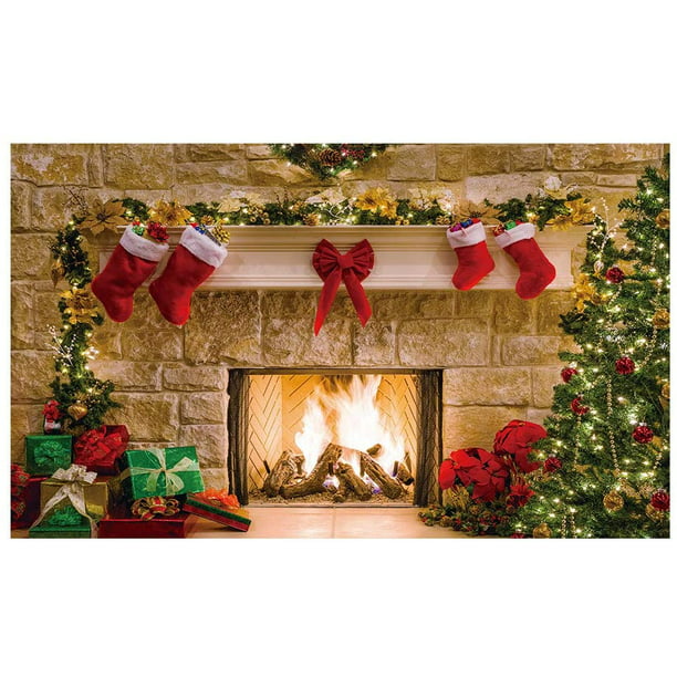 7X5ft Christmas Fireplace Backdrop Xmas Tree Stockings Photography Backdrop Customized Portrait Photo Background Studio Props 